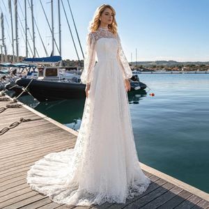 Suknie ślubne z wysokim szyją długie rękawy koronkowe applqiues plażę A-line sukien panny młodej guziki zamiatanie pociąg vestido de novia 328 328