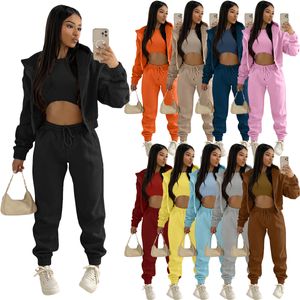 Women Thick 3 Piece Set Sweatpants & Vest & Hoodies Jackets Set Fall Winter Jogger Luxury Outfit Sweatsuit Tracksuits 2310103