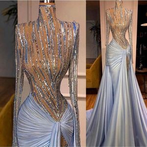 이브닝 드레스 여성 드레스 Yousef aljasmi 긴 소매 하이 목 Zuhair Murad Murad Myriam Fares Blue Squines Pleat Satin Mermaid Sheath 3372