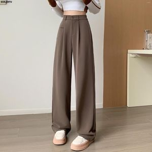 Women's Pants Women Autumn Elegant Office Wide Leg Solid Button High Waist Aesthetic Luxury Long Black Grey Trousers Female