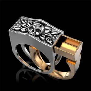 Acessórios de moda masculina 925 prata esterlina dois tons ouro crânio anel caixão lembrança hip hop jóias viking punk anel tamanho 215m