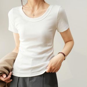 Women's T Shirts Ribbed S Solid Color Slim Korea Stylish Tops Chic Elegant Base Layering U-Neck Female Blouse C5434