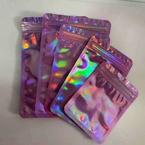 Sacos de embalagem de folha de alumínio laser roxo azul translúcido zíper bolsa de vedação capa de telefone celular fone de ouvido acessórios de cabo USB brinco joias grampo de cabelo cosméticos