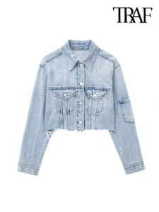 Jaquetas femininas TRAF Mulheres Moda Patch Bolsos Rasgado Denim Cropped Jaqueta Casaco Vintage Manga Longa Desfiada Hems Feminino Outerwear Chic Tops 231010