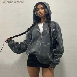 Erkek Hoodies Sweatshirts Gri Yıldız Deseni Retro Street Giyim Büyük Boy Hoodies Kadın Y2K Gotik Punk Harajuku Tam Fermuar Up Sportswear Grunge Çift Kıyafet T231011