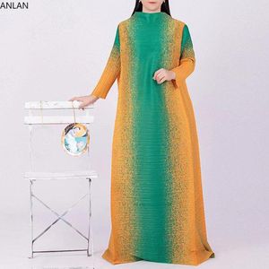 Casual Dresses ANLAN Print Contrast Color Pleated Miyake Maxi Dress O-neck Long Sleeve Loose Evening Party For Women 2023 6KA2291