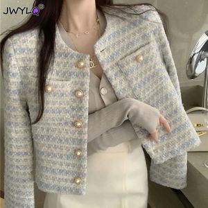 Giacche da donna Giacche a righe in tweed azzurro per le donne Tunica temperamento Cappotto vintage coreano moda Crop Top Abbigliamento donna Abbigliamento 231010