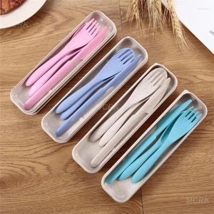 Conjuntos de louça conjunto de talheres de viagem caixa portátil estilo japonês palha de trigo faca garfo colher estudante cozinha utensílios de mesa