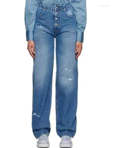 Jeans femininos 2023 primavera e verão estilo rasgado cintura alta abotoado solto reto para mulheres