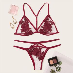 Set intimo donna Set reggiseno sexy Set di lingerie rossa con applicazioni ricamate in pizzo e reggiseno da notte291H