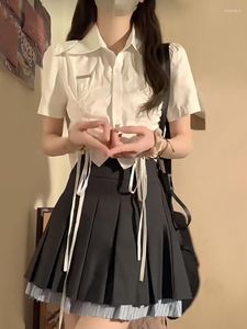 Arbeitskleider 2023 Sommer Koreanische Mode Anzüge Elegante Büro Dame 2 Stück Kleid Set Frauen Casual Kurzarm Crop Tops Vintage Mini Skrits