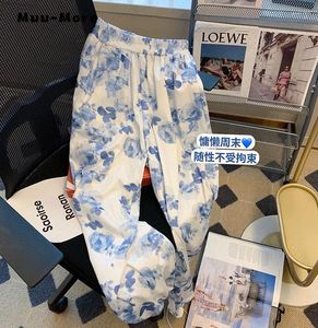 Kadın pantolon Çin tarzı çiçek baskı geniş bacak yüksek bel vintage kadınlar için 2023 yaz elastik gevşek yumuşak uzun pantolon