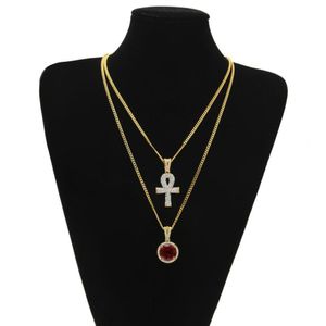 Egyptian large Ankh Key pendant necklaces Sets Round Ruby Sapphire with Rhinestones Cross Charms cuban link Chains For mens Hip Ho295G