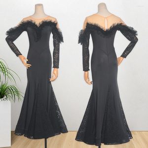 Palco desgaste vestido de dança de salão preto laço mangas compridas valsa prática roupas desempenho social baile clube jl5818