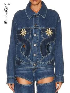 Jaquetas femininas streetwear oco out denim jaqueta para mulheres casual manga longa criss cross lapel casacos verão ins moda y2k vintage tops 231010