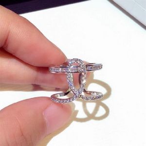 Lüks Tasarımcı Diamond Zirkonia Geometrik Bant Yüzüğü Kadınlar için Kızlar Açık Ayarlanabilir Moda Yüzük Takı Gümüş Color175x