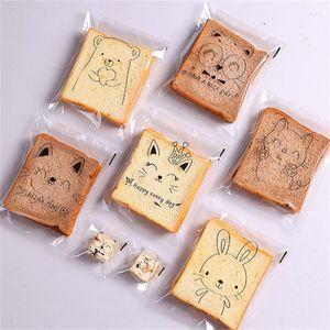 Gift Wrap 100Pcs Transparent Self-adhesive Cartoon Animal Printed Bread Cookie Biscuit Baked Sliced Toast Packaging Bags
