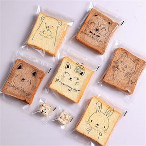 Envoltório de presente 100 pcs transparente auto-adesivo desenho animado animal impresso pão biscoito biscoito assado fatiado torradas sacos de embalagem