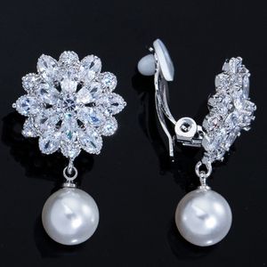 Luxuriöser Clip-Ohrring mit Schraubverschluss, Blumendesign, für Damen, AAA-Kubikzirkonia, Diamant, Silber, Braut, Hochzeit, baumelnde Ohrringe, Schmuck, elegante Damen-Accessoires