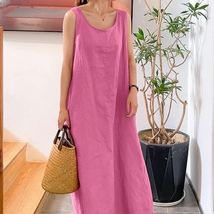 Vestidos casuais 2023 algodão linho solto balanço cor sólida em torno do pescoço vestido de bolso feminino verão longo oversize sexy o-pescoço