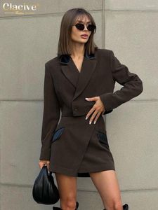 Abiti da lavoro Clacive Winter Slim Brown Office Womens 2 Piece Outfit Set 2023 Elegante top corto a maniche lunghe con minigonne a vita alta