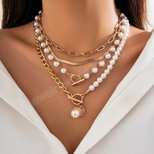 Layered Imitation Pearl and Thick Chains Choker Necklace for Women Tendy Beaded Chains on Neck Accessories Fashion Jewelry