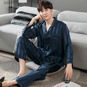 Conjunto de pijama masculino de 2 peças com estampa listrada pijama de cetim de seda falsa pijama de manga comprida lapela camisa calças ternos homewearL231011