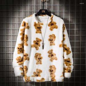 Kvinnors tröjor Hikigawa Casual Contrast Color Carton Bear Print Women O Neck Long Sleeve Pullovers Sweet All Match Jumpers