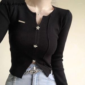 Women's T Shirts Fashion Tshirts Women Clothing Temperament Black Crop T-shirts Long Sleeve O-neck Tunic Tops Casual Knitted Y2k Shirt