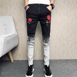 Yaz yeni skinny jeans erkekler moda çiçek nakış erkekleri kot pantolon since fit siyah hip hop denim pantolon erkek pantolon 34 201111236g