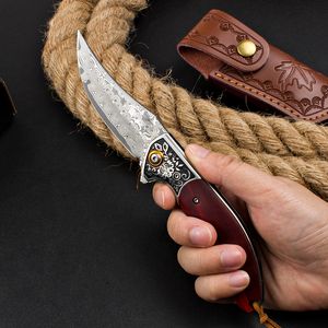 Special Offer H1086 Flipper Folding Knife Damascus Steel Trailing Point Blade Rosewood Handle Outdoor EDC Pocket Folder Knives with Leather Sheath