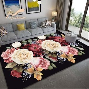 Carpet Luxury Black European Carpet With Big Flower Retro Classical Floral Rugs Bedroom Hallway Carpet Doormat Living Room Carpet Mat 231010