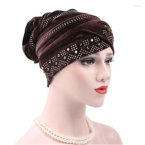 Ethnic Clothing Women Velvet Turban Beaded Chemo Cap Muslim Hijab Slouch Beanies Bonnet Hat Head Scarf Wrap Skullies Headwear Hair