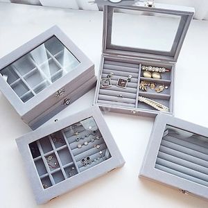 Jewelry Boxes Velvet Gray Carrying Case with Glass Cover Ring Display Box Tray Holder Storage Organizer Earrings Bracelet 231011