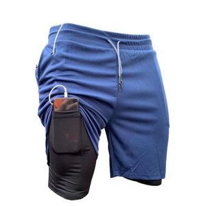 Esportes lazer shorts masculino dupla camada falso duas peças de secagem rápida capris bolso com zíper correndo pode ouvir fones de ouvido wh248q