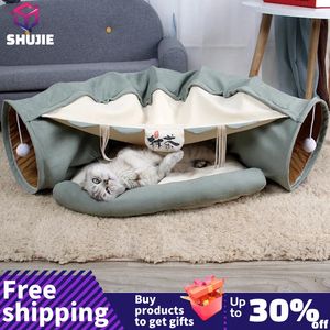 Cat Beds Furniture Foldable Cat Bed House Interactive Cat Tunnel Toy Drill Pipe Channel Shell Tube Kitten Cave With Balls Cushion Cats Accessories 231011