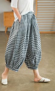 Women's Pants Cotton Linen Female Casual India Style Loose Wide Leg Bloomer Women Leisure Big Size Gingham Plaid Calf Length