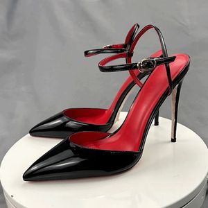 Moda preto couro envernizado sandálias estilingues marca de luxo sapatos de salto inferior vermelho feminino tira no tornozelo stiletto bombas dedo do pé apontado sexy sapatos de salto alto 8cm 10cm 12cm