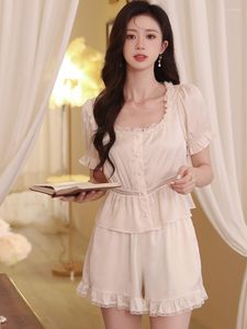 Mulheres sleepwear mulheres seda laço princesa verão manga curta dois pedaços conjuntos francês doce menina pijamas femme babados vitoriano homewear