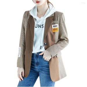 Kvinnors kostymer Patchwork Plaid Blazer Kvinnor Tempeament Långärmad mode Slim Jacket Office Ladies Work Coat Grey Khaki Tops