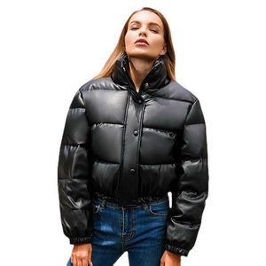 Moda inverno quente jaqueta de couro parka preto curto bolha casacos de inverno cortado puffer casacos femininos brilhantes 37rwd