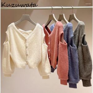 Women's Knits Kuzuwata V Neck Long Sleeve Solid Woman Sweaters Single Breasted Sweet Casual Jumper Japan Knit Lace Shoulder Strapless Tops