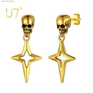 Outros acessórios de moda U7 Punk Skeleton Studs Aço Inoxidável Cor de Ouro Gótico Halloween Crânio Brincos Homens Estrela Brincos Q231011