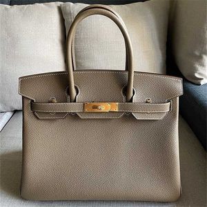 Sewn Designer Handbag Bag 30cm Lychee Patterned Top Layer Togo Calf Leather Tote Bag Elephant Gray Portable Bag