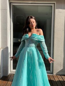Party Dresses Green Off Shoulder Long Sleeve For Girls Gowns With Diamond Handmade Women Wedding Graduation Formal