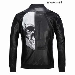 Plein Philipps pp Men's PP Skull Embroidery Leather fur Jacket Motorcycle Thick Baseball Collar Jacket coat Simulation 4ZUO