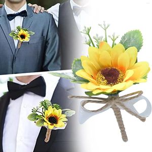 Dekorativa blommor 2st solros boutonniere för män bröllop gula brudgummen med stift knapphål groomsman brosch