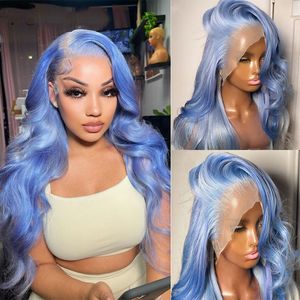 40-Zoll-Babyblau-Perücke für Frauen, 360-Grad-Spitze-Front-Echthaar-Perücken, gewellt, transparent, HD-Spitze-Frontal-Perücke, farbig, Cosplay, synthetisch, vorgezupft