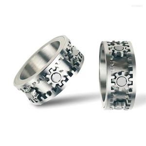 Cluster Rings Stainless Steel Gear Ring For Men Women Silver Color Double Layer Rotatable Bridal Sets Fashion HipHop Jewelry Acces281n