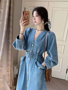 Vestidos casuais para mulheres 2023 outono com decote em v temperamento cowboy solto sólido robe coreano moda versátil a-line vestido longo